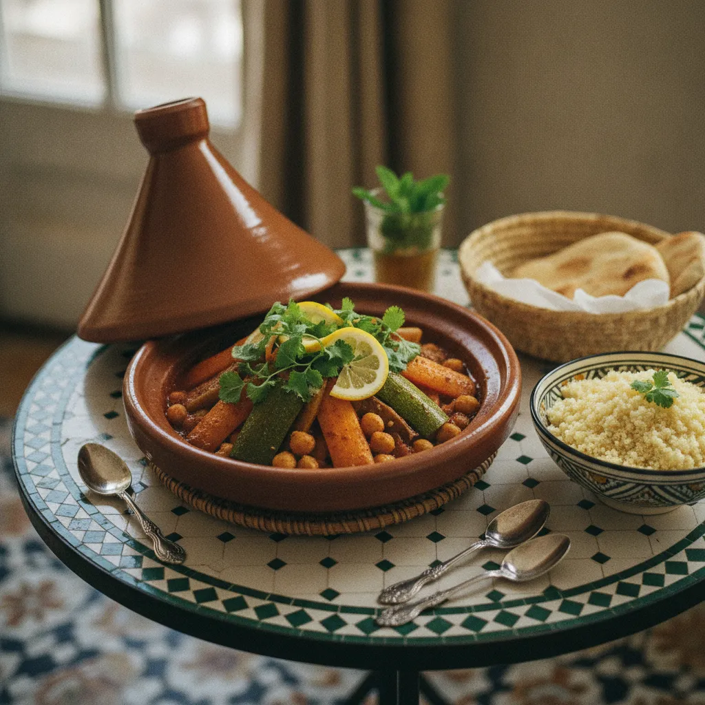 Tajine de légumes et pois chiches servi avec de la semoule