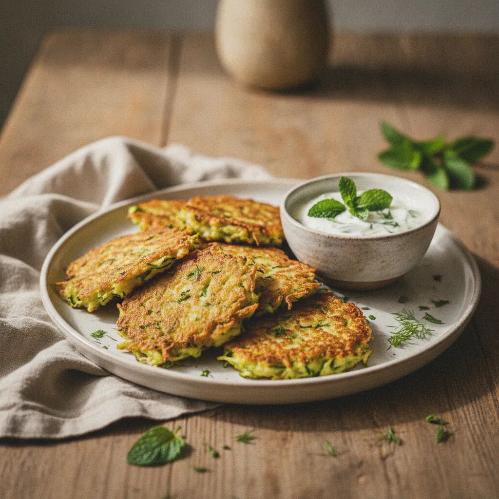 Galettes de courgettes dorées au parmesan, servies avec un yaourt à la menthe