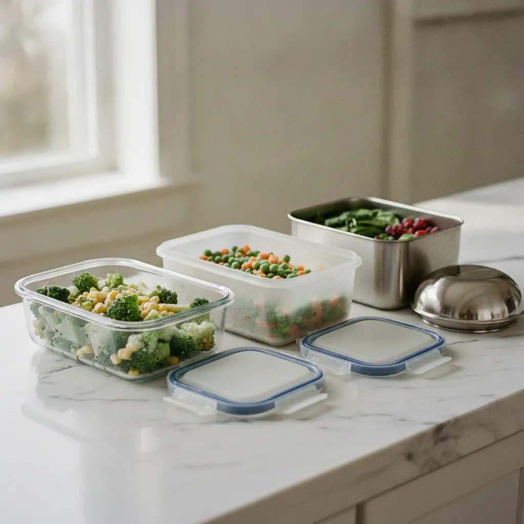 Comparaison visuelle entre une boîte en verre, une en plastique PP et une en inox pour la congélation