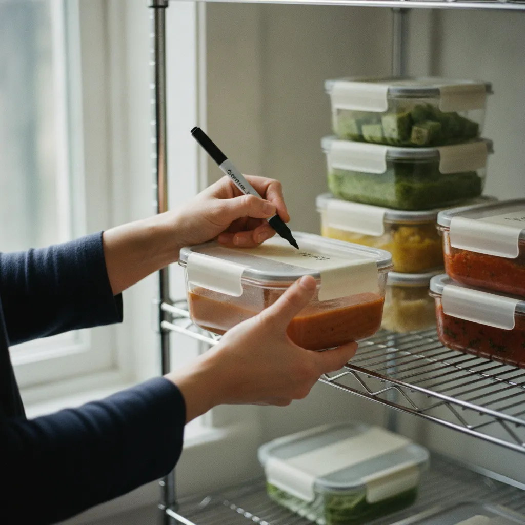 Étiqueter ses boîtes de congélation avec la date et le contenu évite le gaspillage alimentaire