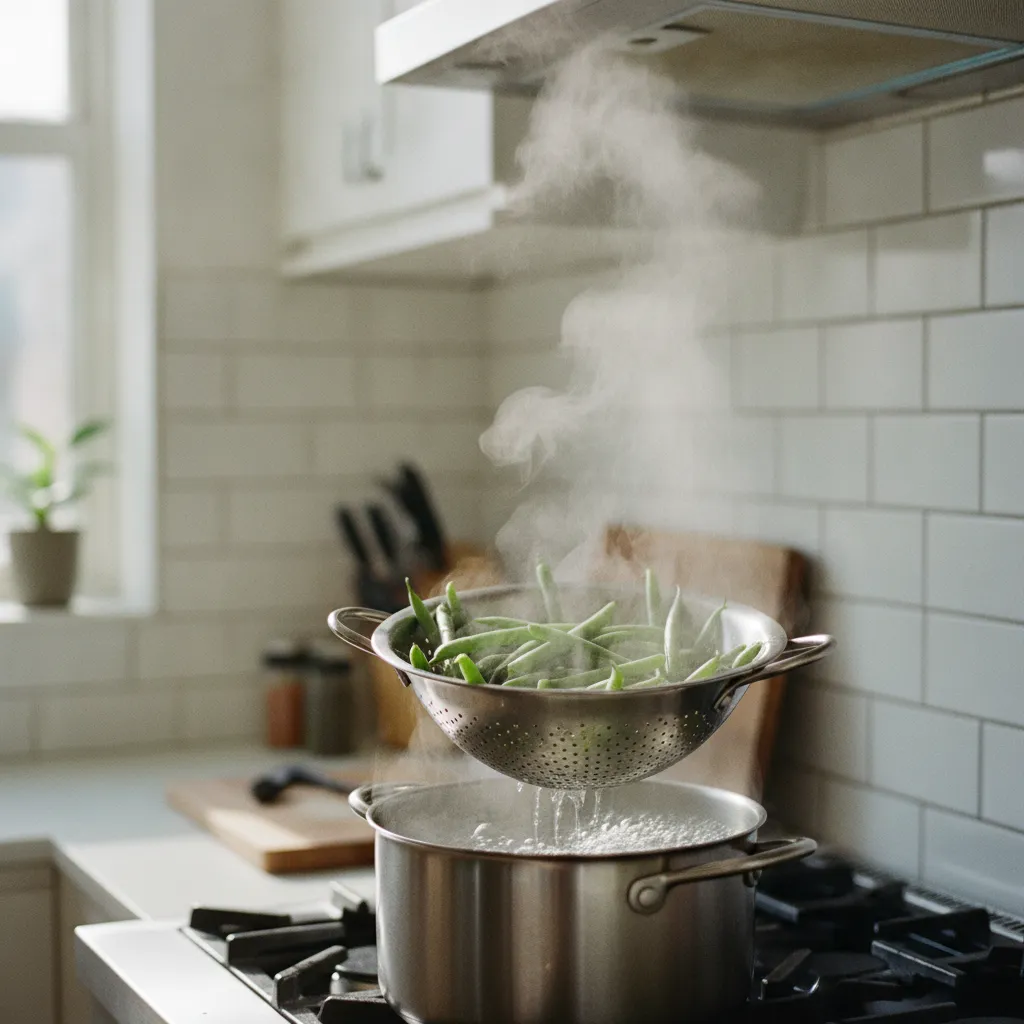 Le blanchiment des haricots verts dans l'eau bouillante dure exactement trois minutes