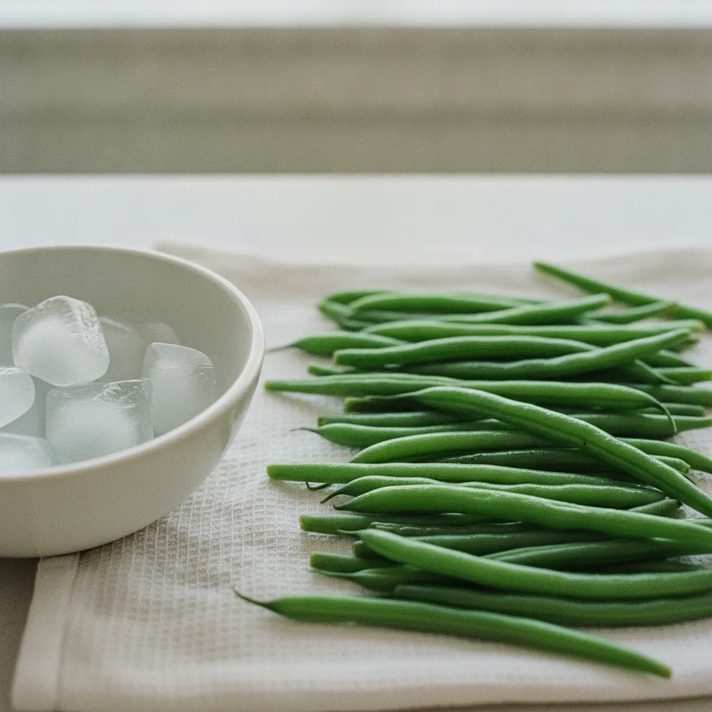 Séchage des haricots verts blanchis sur un torchon propre avant congélation