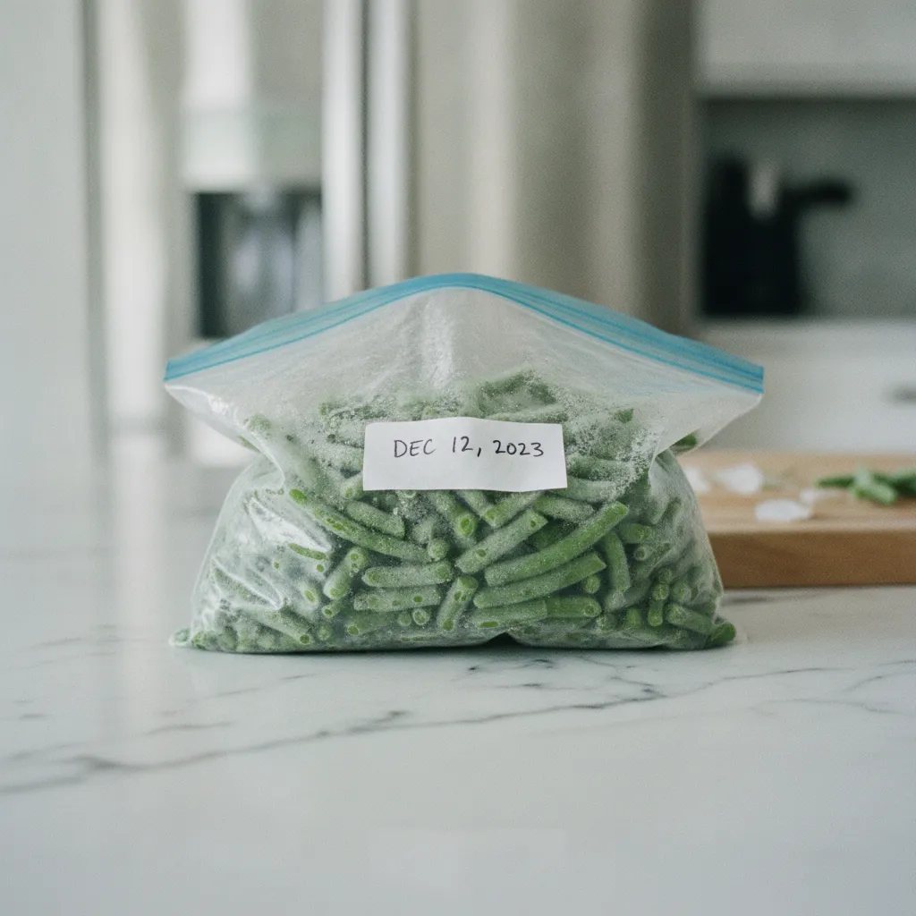 Haricots verts congelés en portions étiquetées et prêts à être stockés