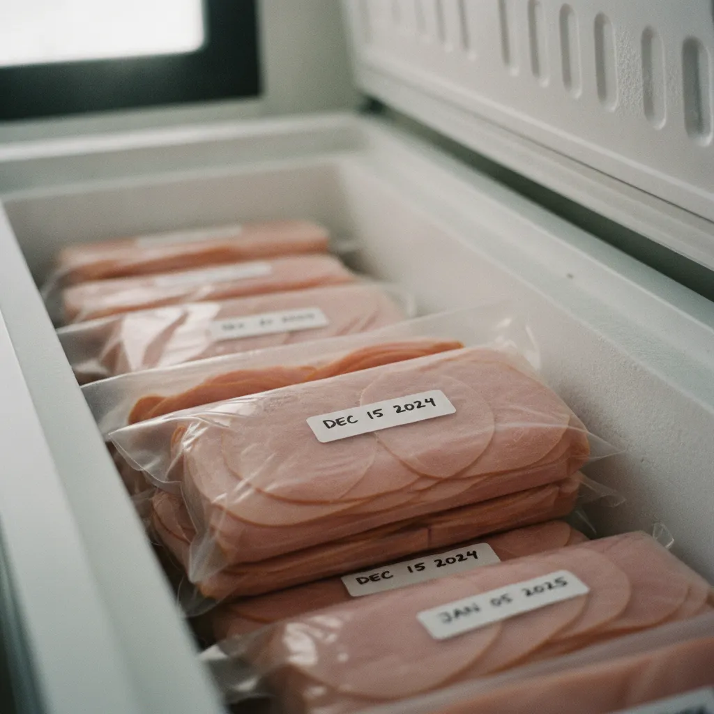 Sachets de jambon blanc étiquetés et rangés à plat dans le congélateur