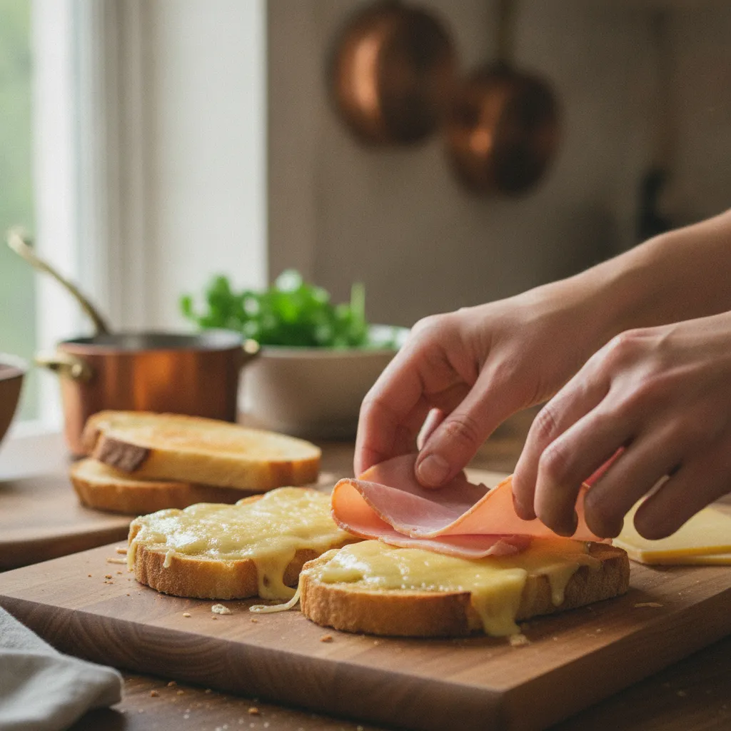 Croque-monsieur préparé avec des tranches de jambon blanc préalablement congelées