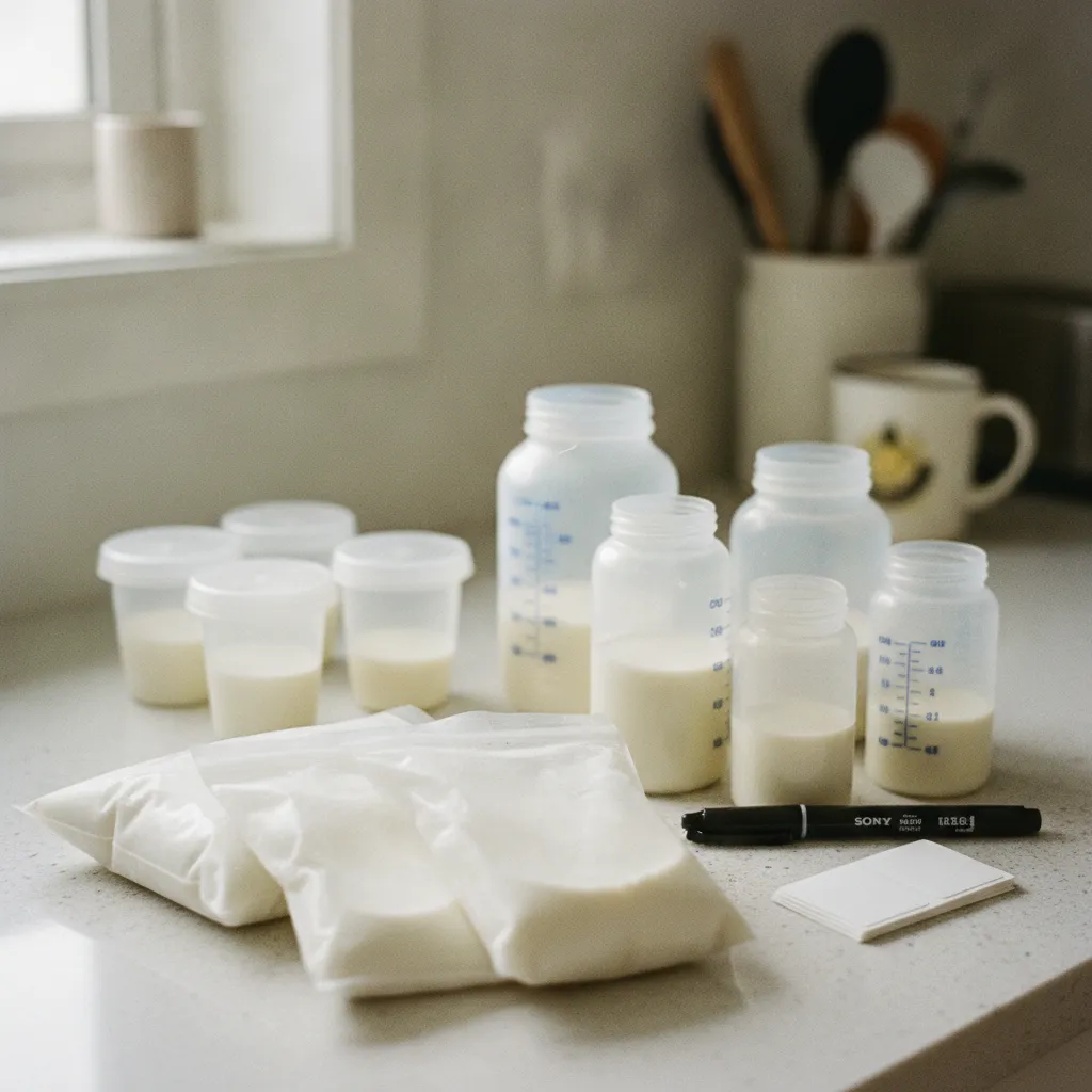 Les différents contenants adaptés à la congélation du lait maternel : sachets, biberons et pots rigides