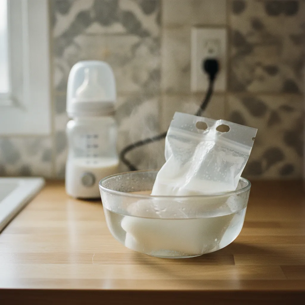Décongélation d'un sachet de lait maternel au bain-marie tiède avant le biberon