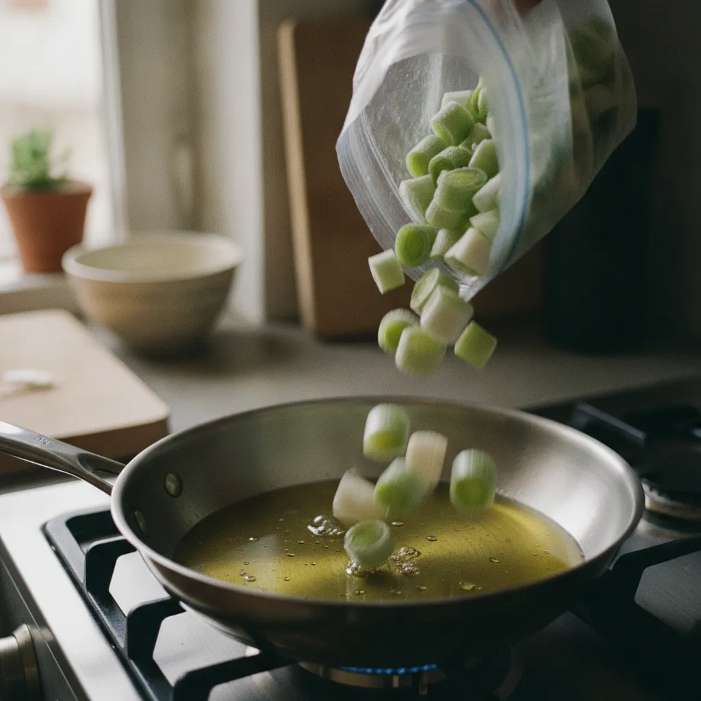 Cuisson directe des poireaux congelés à la poêle sans décongélation préalable
