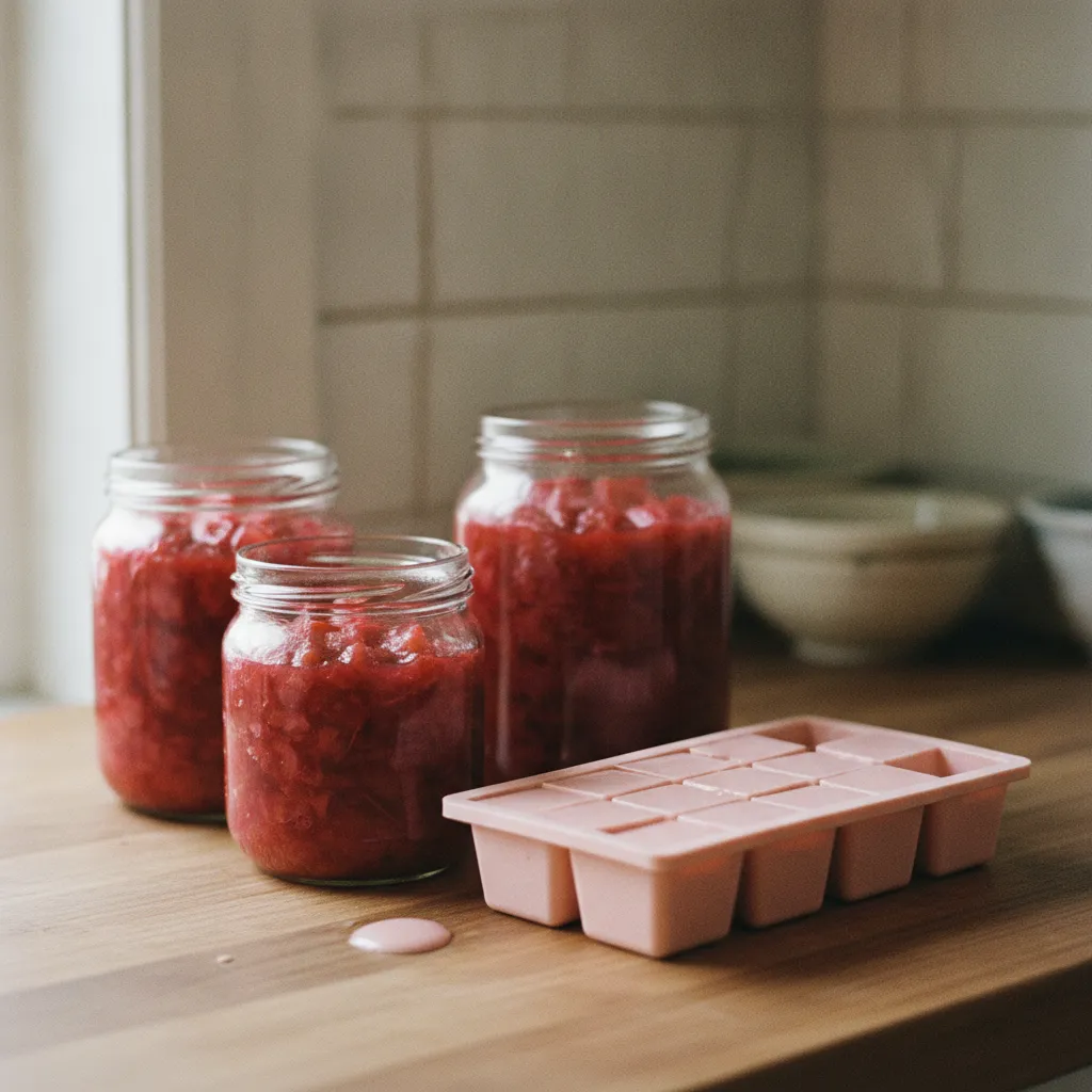 Compote en bocaux et purée de rhubarbe en bacs à glaçons prêtes à congeler