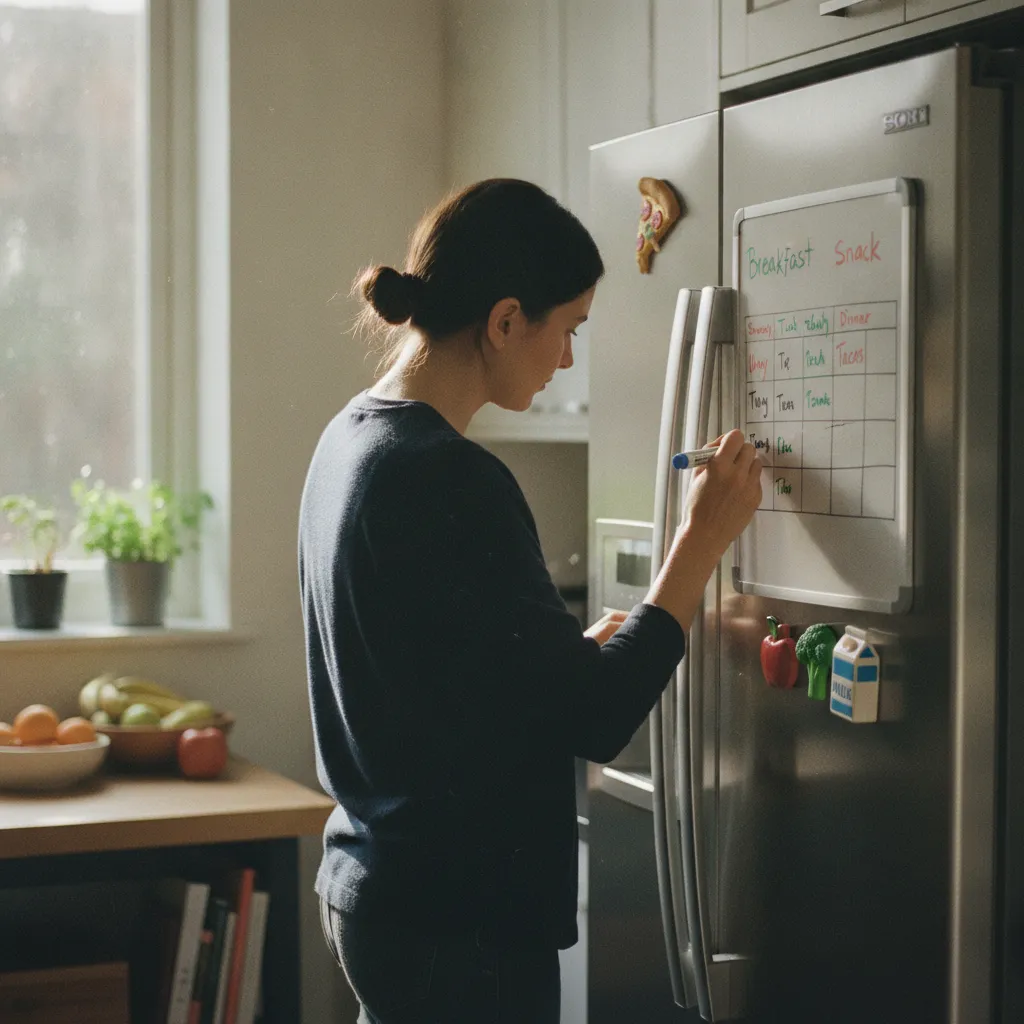 Un tableau blanc sur le réfrigérateur pour afficher le menu de la semaine
