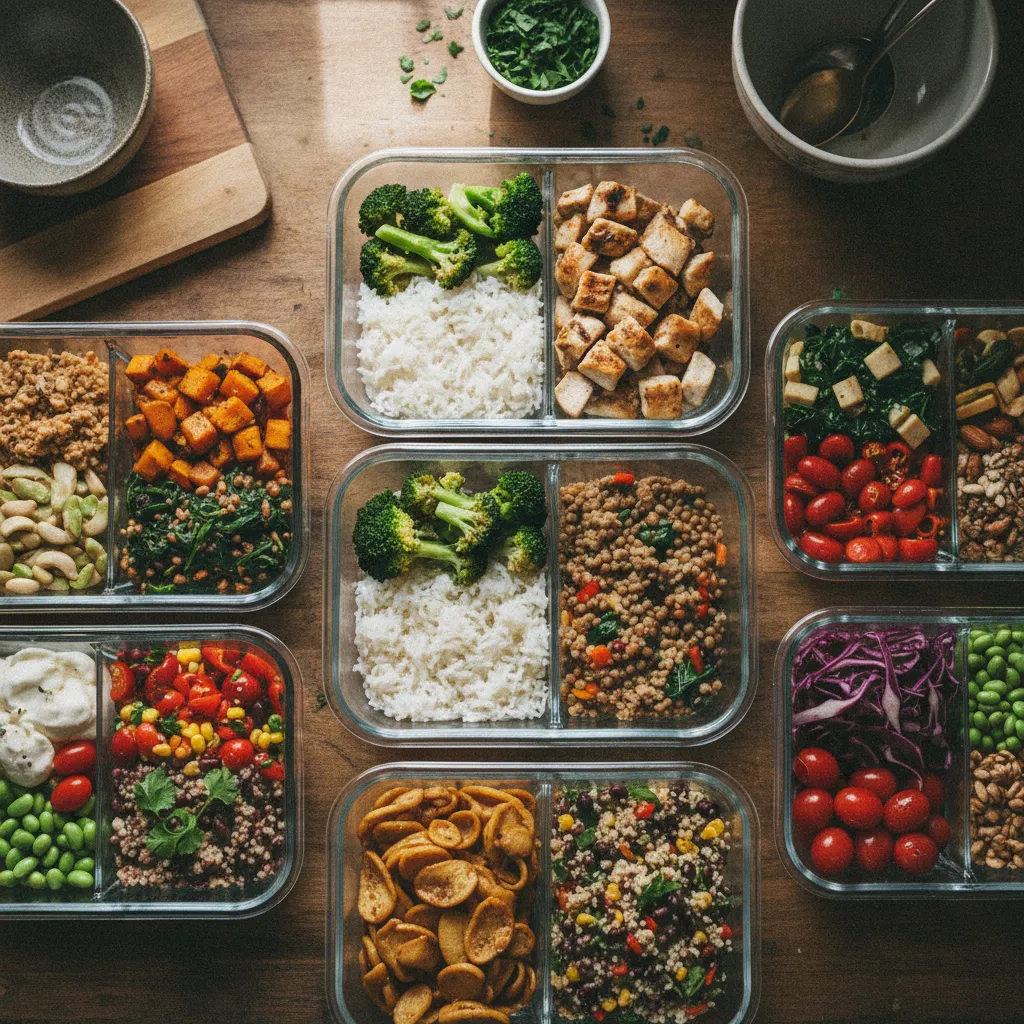 Des contenants de batch cooking préparés pour plusieurs repas de la semaine