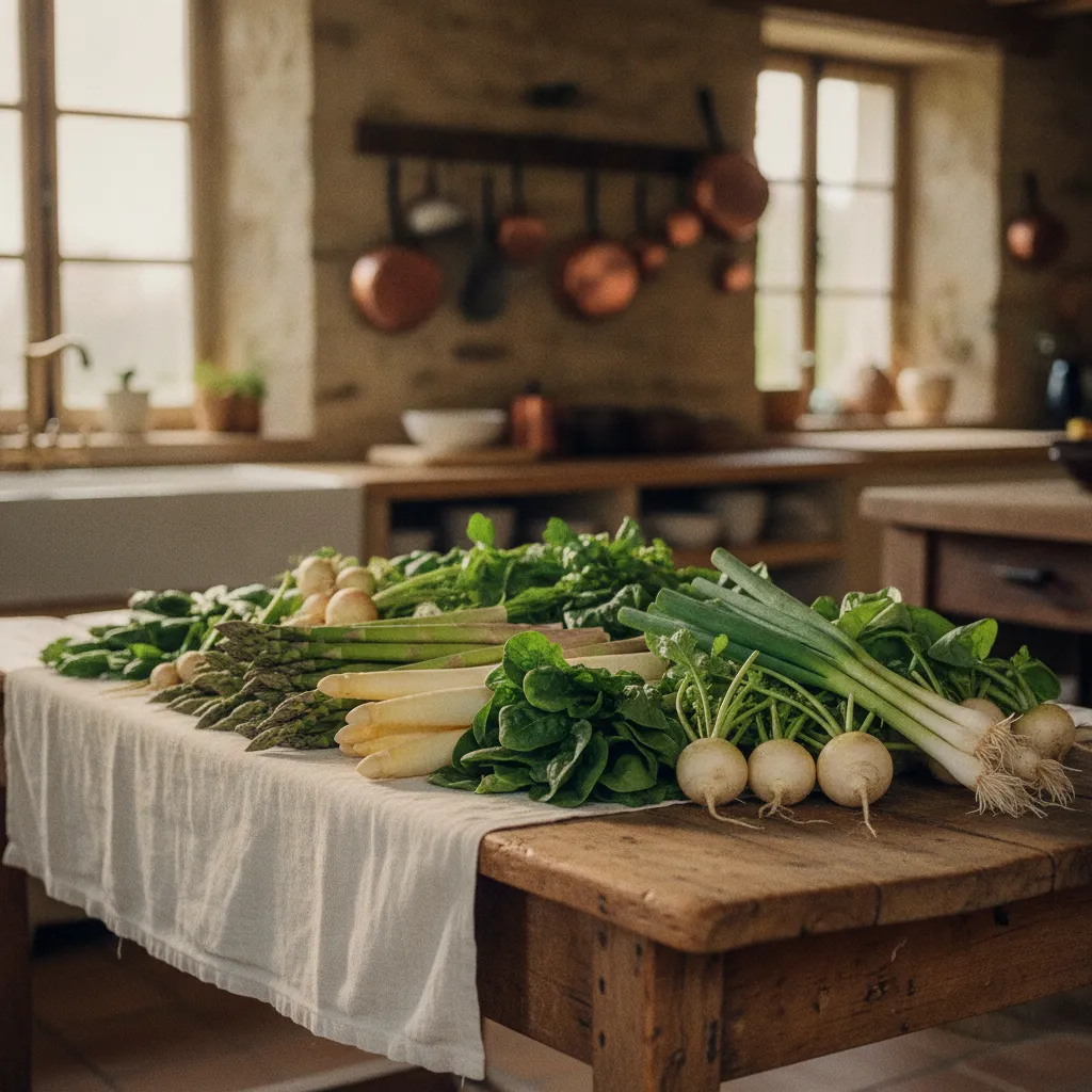 Les légumes primeurs d'avril étalés sur une table de cuisine avant préparation