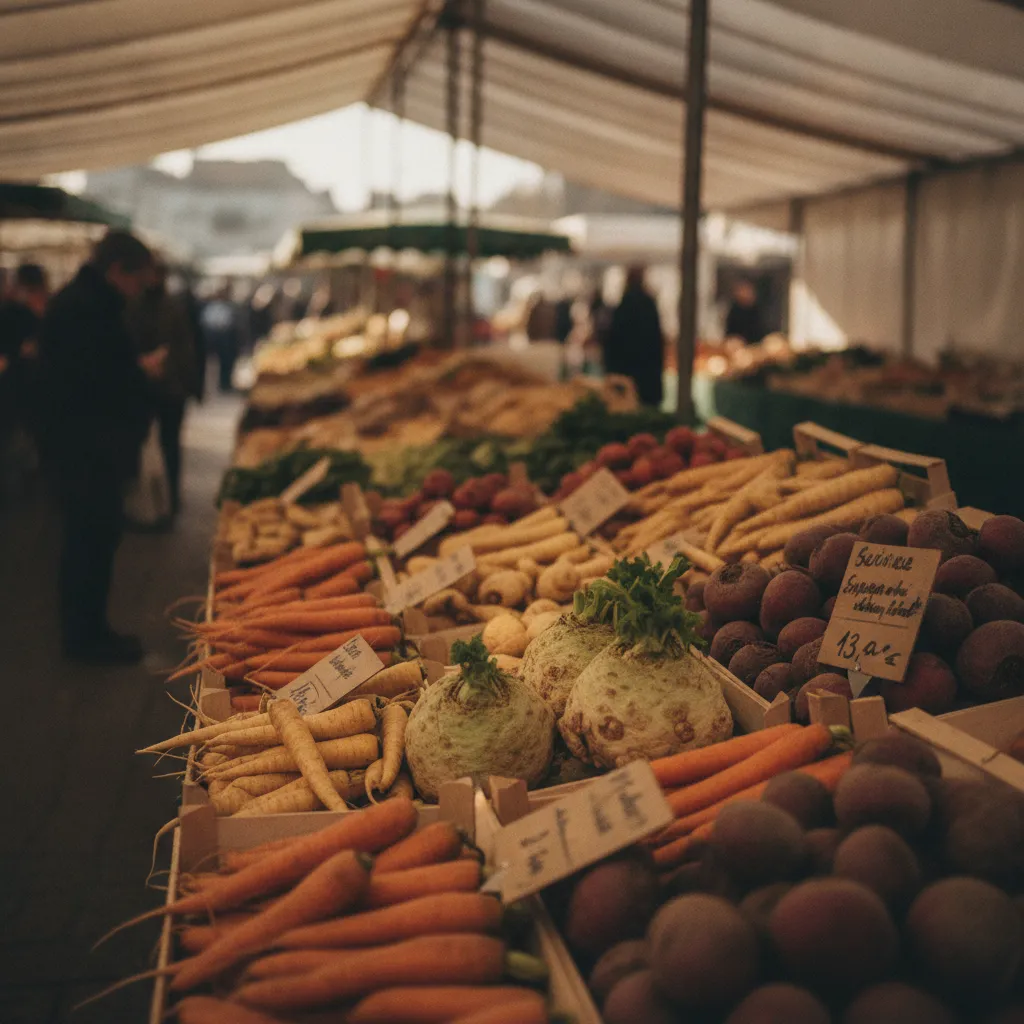 Sur un marché français en janvier, les légumes racines sont à leur meilleur prix