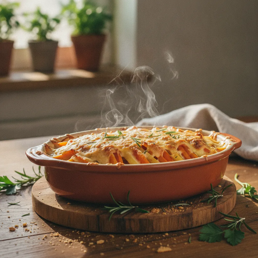 Un gratin de légumes racines doré et fondant, prêt à servir un soir de janvier