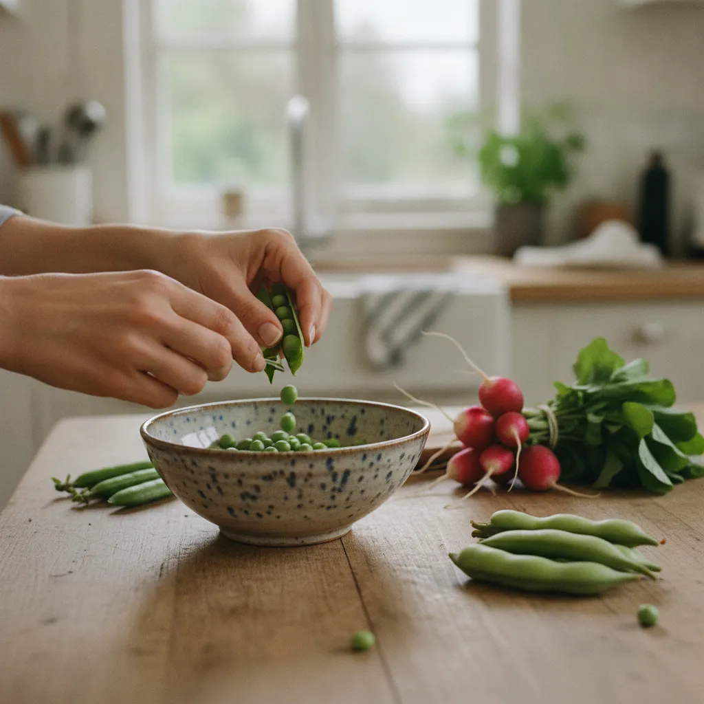 Écossage de petits pois frais, un geste de mai qui vaut chaque minute