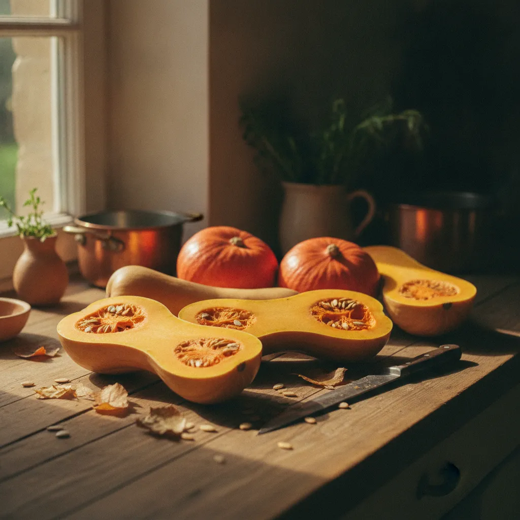 Butternut, potimarron et courge spaghetti ouverts pour montrer la chair orangée