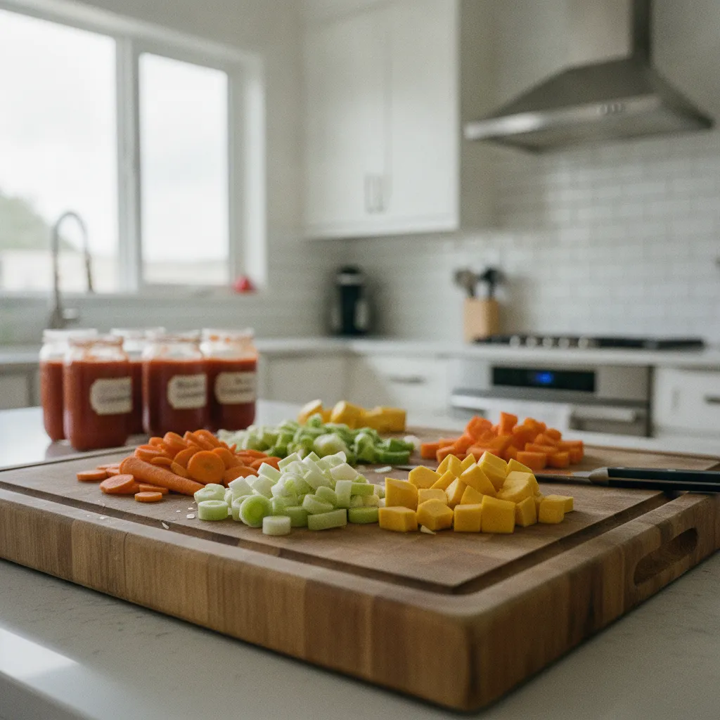 Une session de batch cooking en septembre permet de préparer soupes, coulis et poêlées pour la semaine