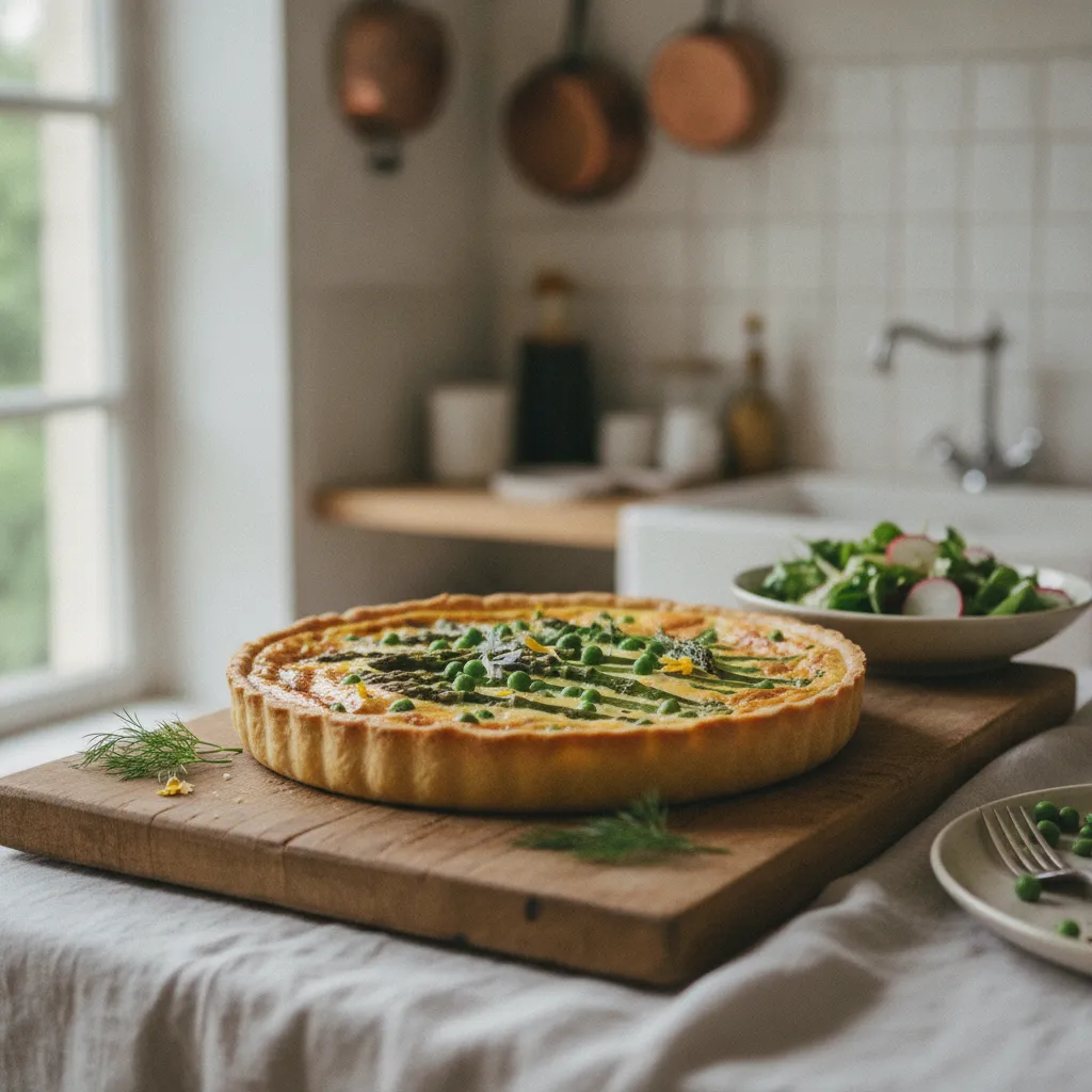 Une quiche printanière aux asperges et petits pois, plat de saison simple et savoureux
