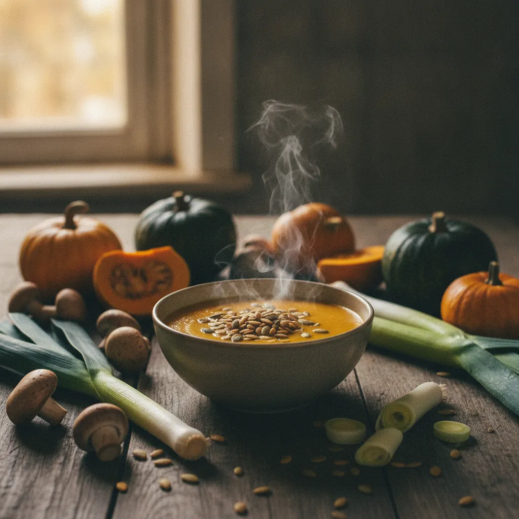 Un velouté de butternut parsemé de graines de courge, recette réconfortante d'automne