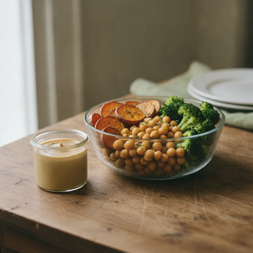 Bowl veggie aux pois chiches rôtis et sauce tahini maison