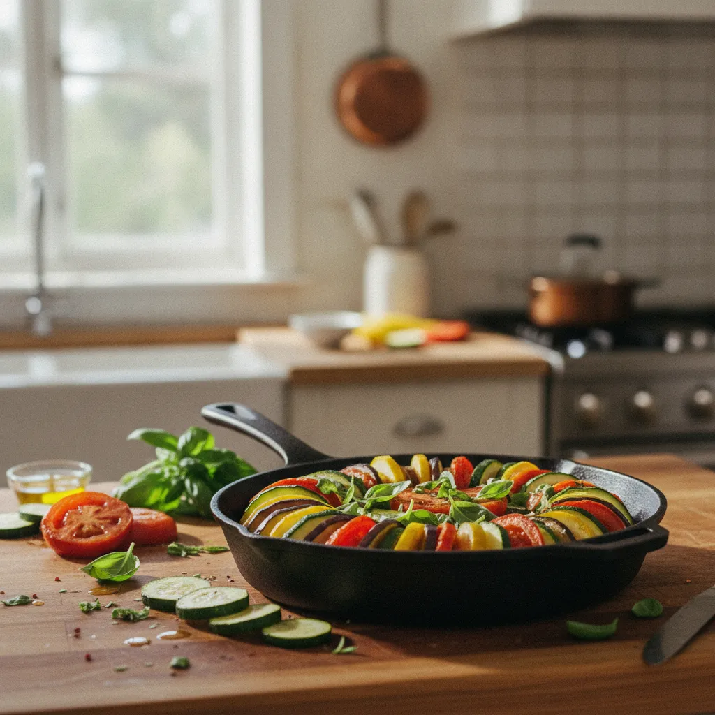 Ratatouille express à la poêle avec des légumes d'été parfaitement colorés