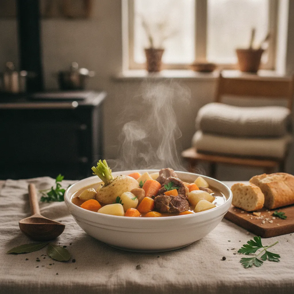 Pot-au-feu de légumes racines servi fumant pour un repas d'hiver réconfortant