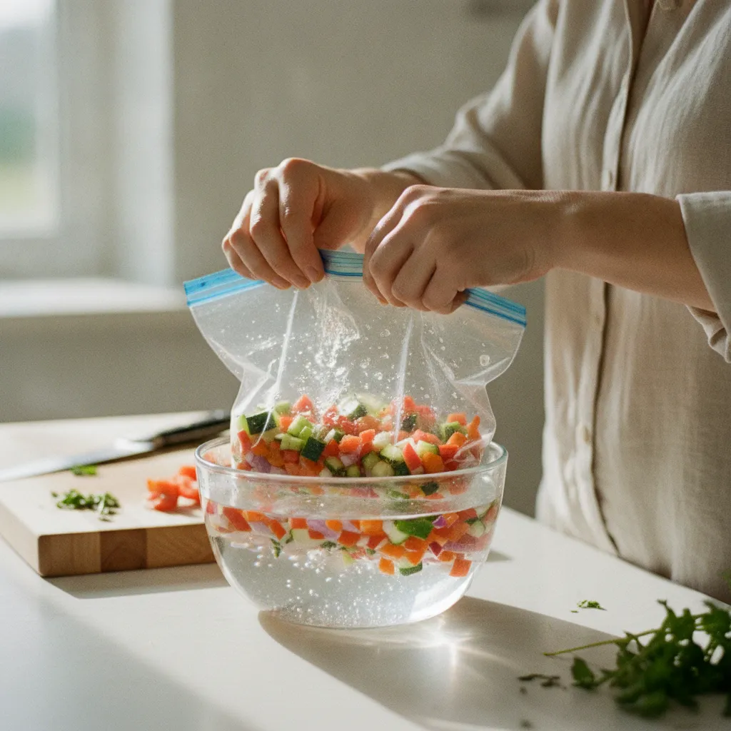 Technique de fermeture par immersion dans l'eau pour chasser l'air du sachet de congélation